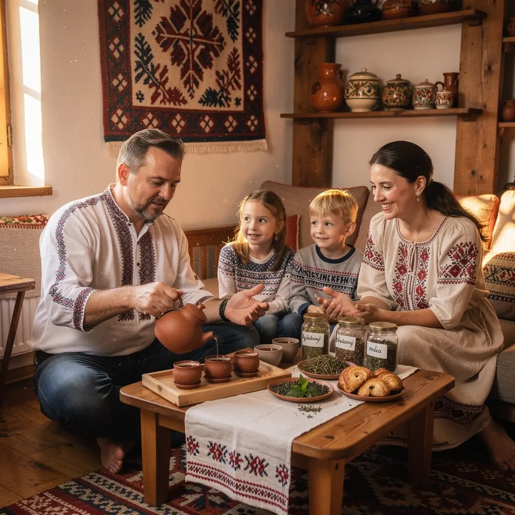 Pohľad na čajovú plantáž s malebnými slovenskými horami v pozadí