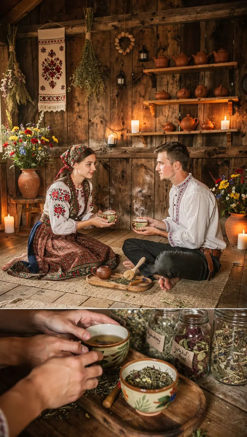 Hrnček aromatického čaju s kvetmi a bylinkami na drevenom stole